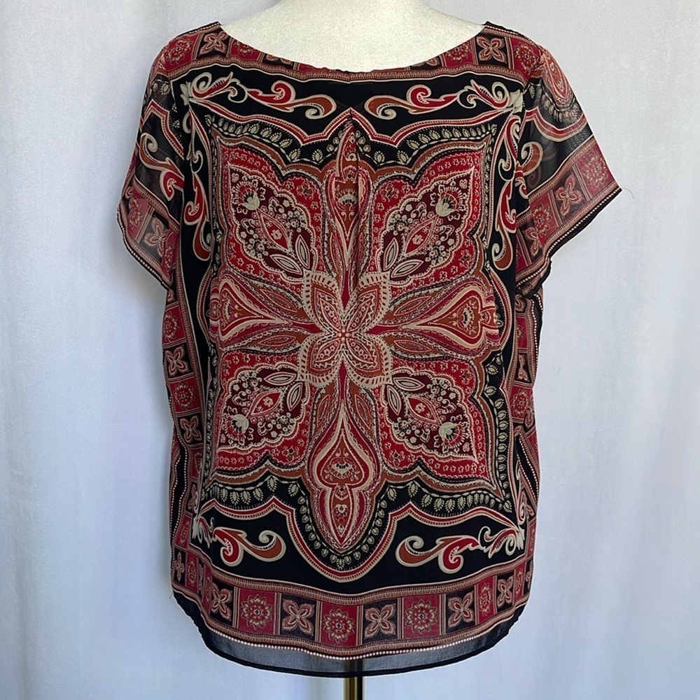 Rafaella Studio Blouse Size M Bandana Style Black Red Festival Lined Pullover